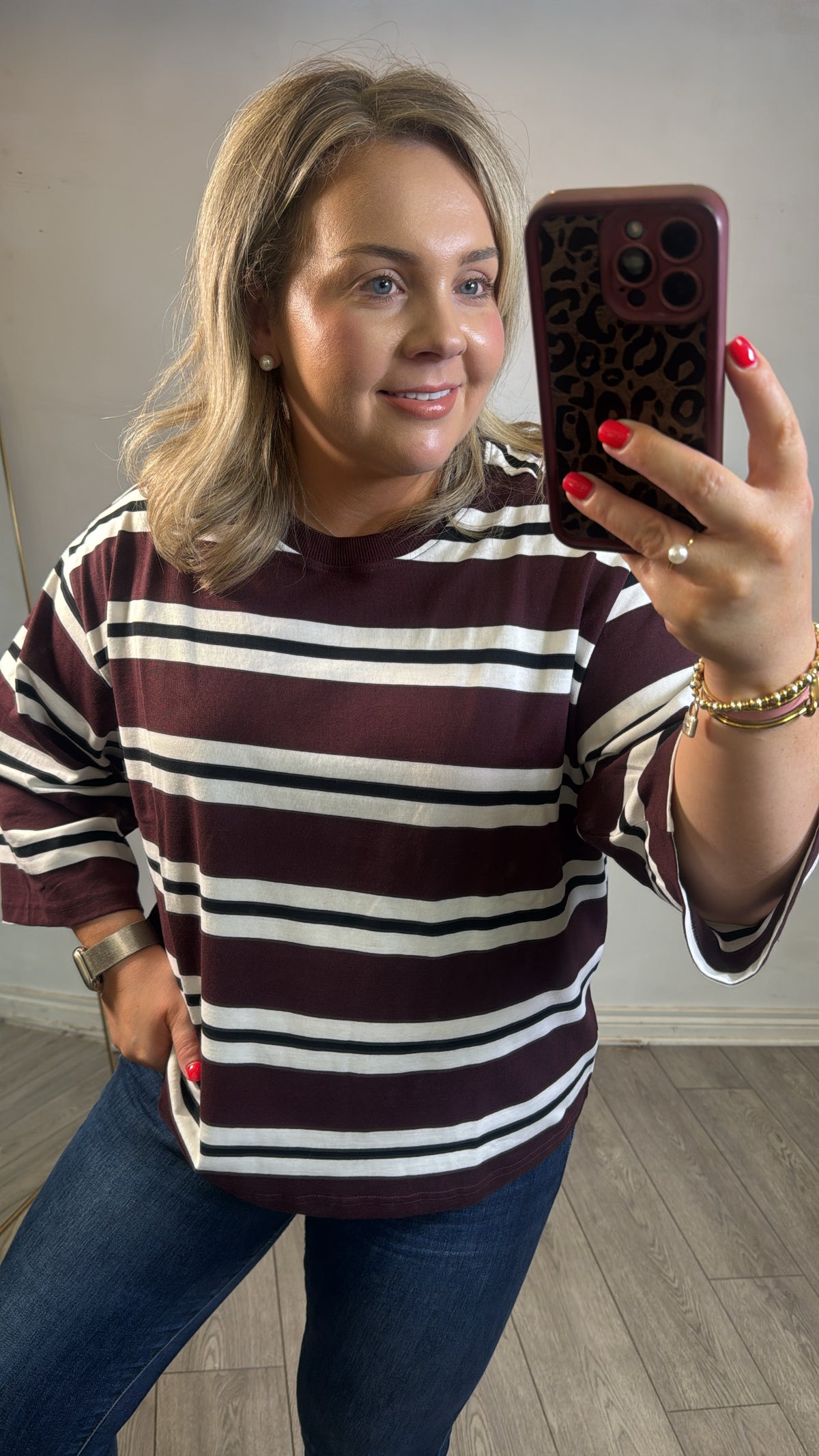 KAFFE Kawinny Fudge/Black/White Striped 3/4 Sleeve T-Shirt