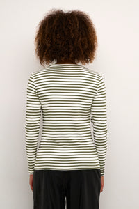 Kaffe Liddy Chalk/Forest Green Stripe Top with Black Heart, 10502821