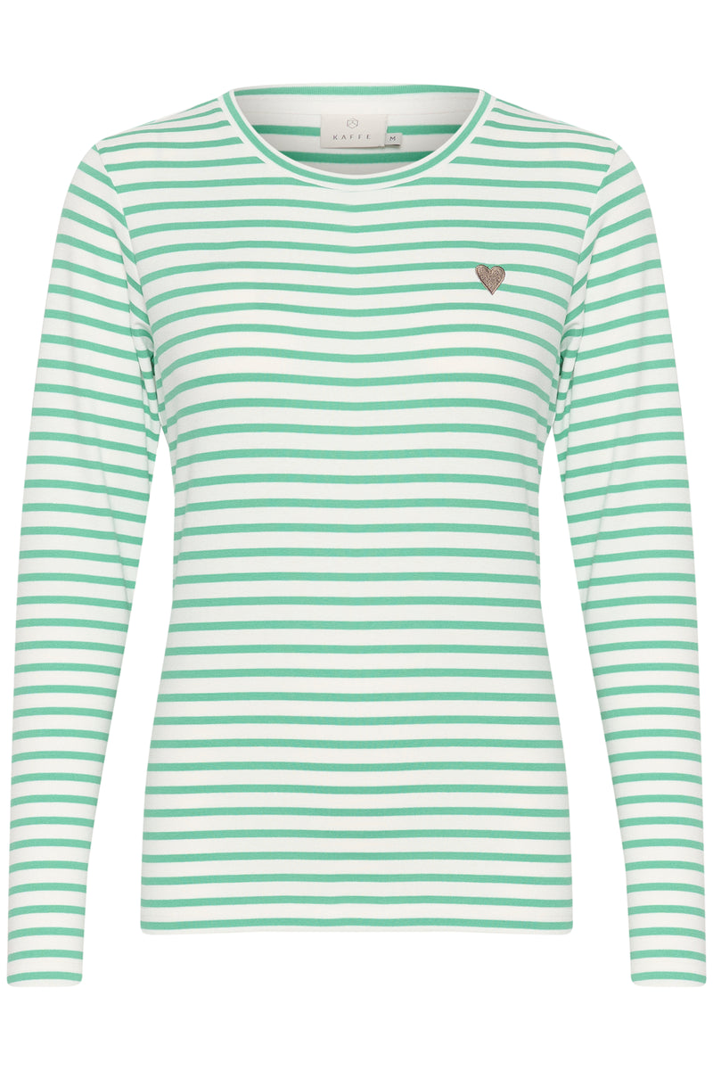 Kaffe Liddy Chalk/Gumdrop Green Stripe Top with Grey Heart, 10502821