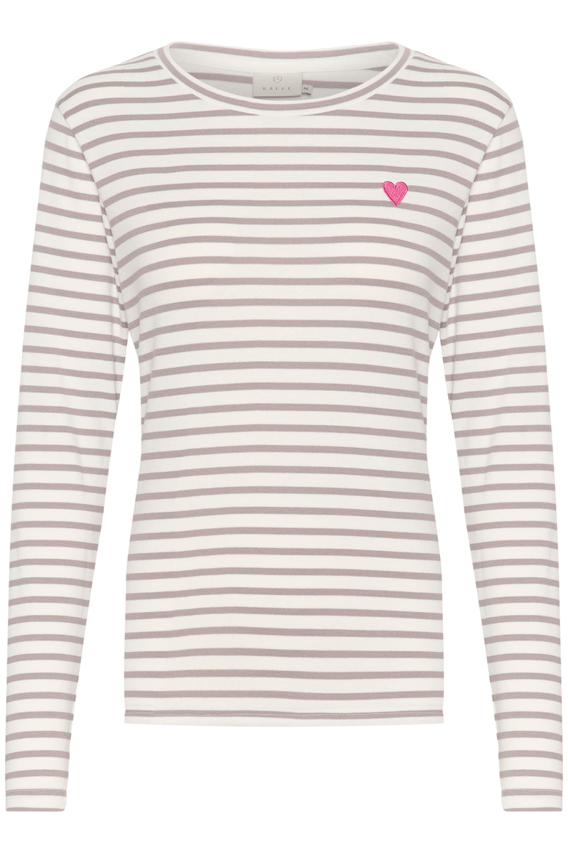 Kaffe Liddy Chalk/Grey Stripe Top with Fuchsia Heart, 10502821