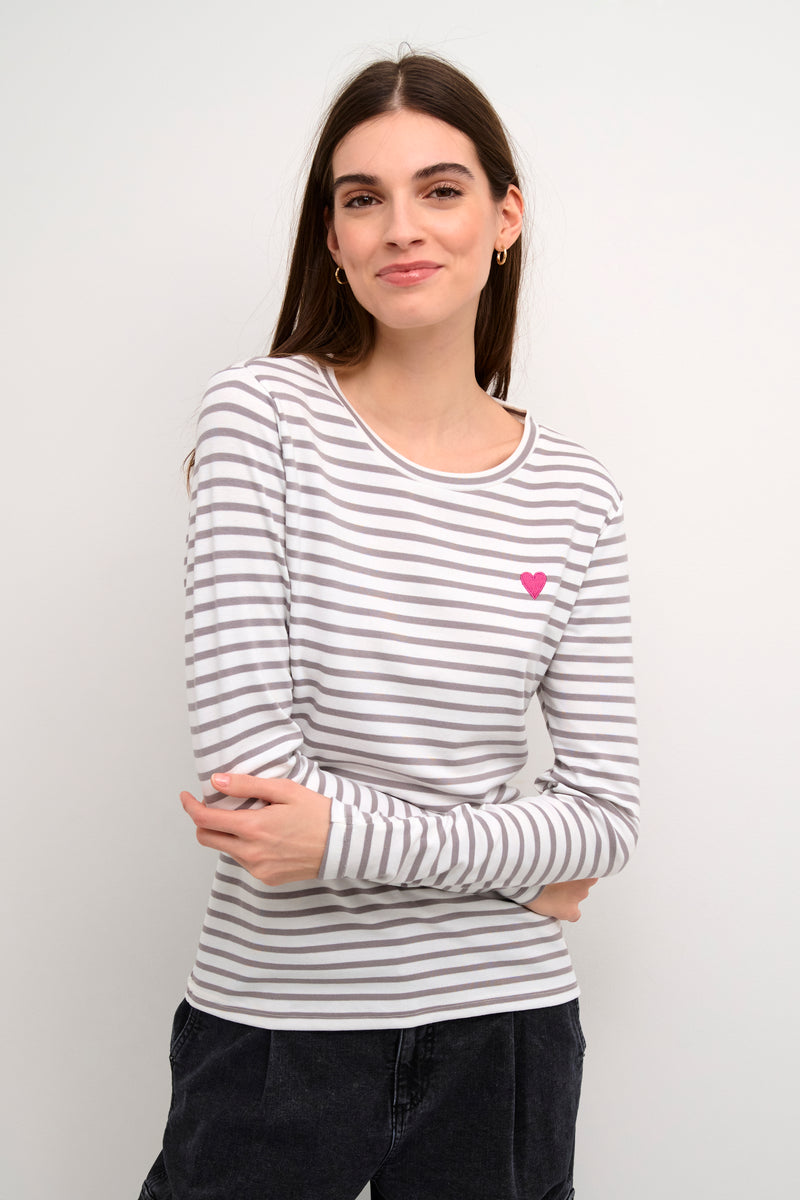 Kaffe Liddy Chalk/Grey Stripe Top with Fuchsia Heart, 10502821