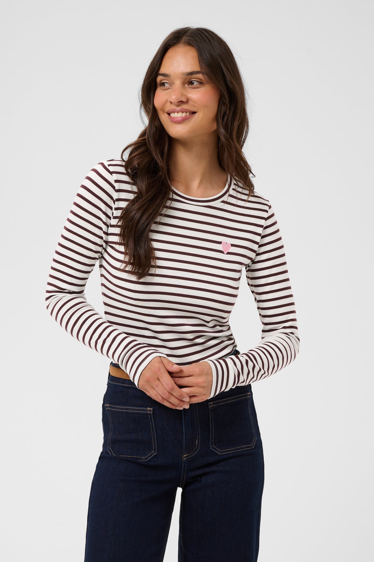 Kaffe Liddy Chalk/Fudge Burgundy Stripe Top with Baby Pink Heart