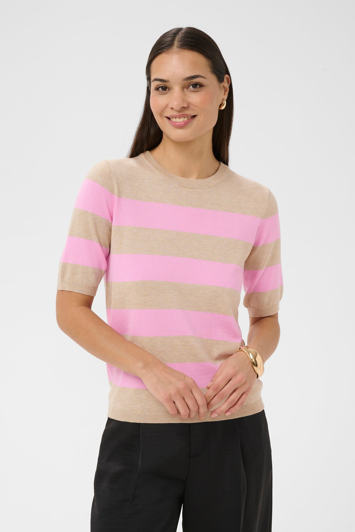 Kaffe Kalizza Feather Beige/Candy Pink Striped Knit
