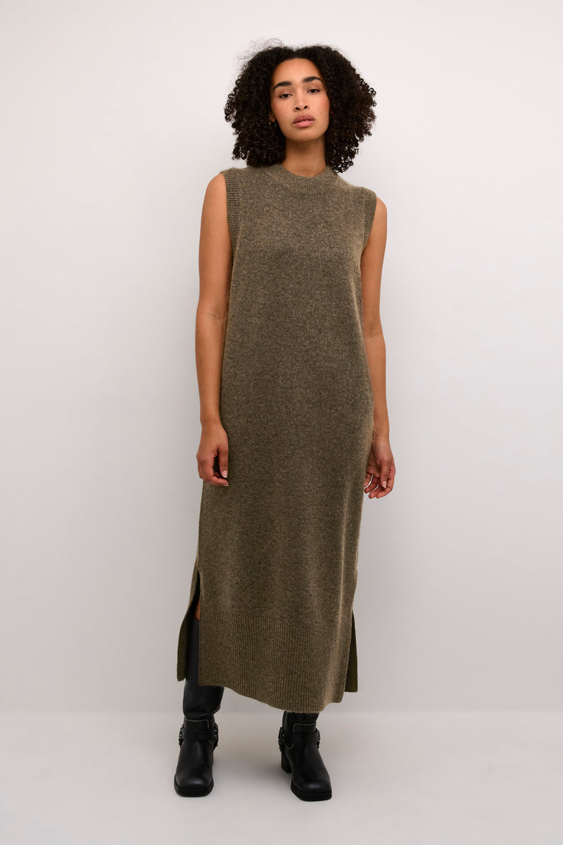 Kaffe Kaselma Major Brown Melange Knitted Sleeveless Longline Dress, 10509089