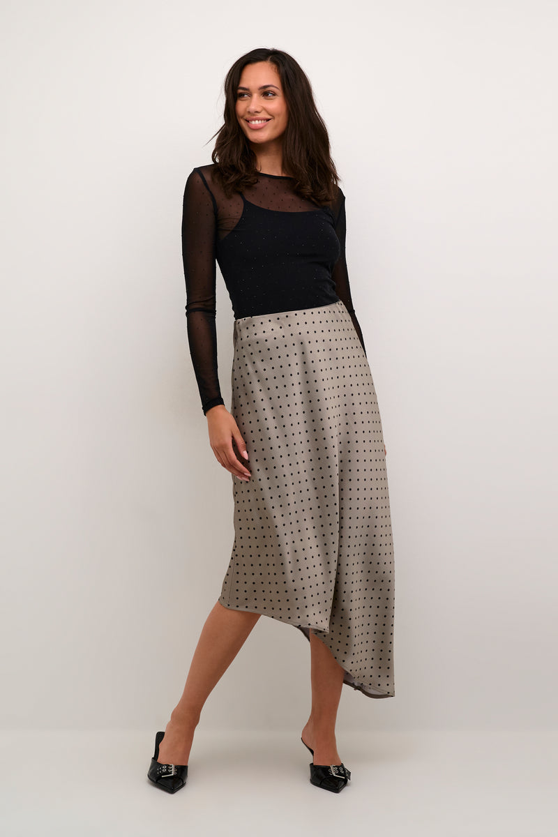 Kaffe Kadonna Steeple Grey/Black Polka Dot Asymmetric Satin Slip Skirt, 10509250