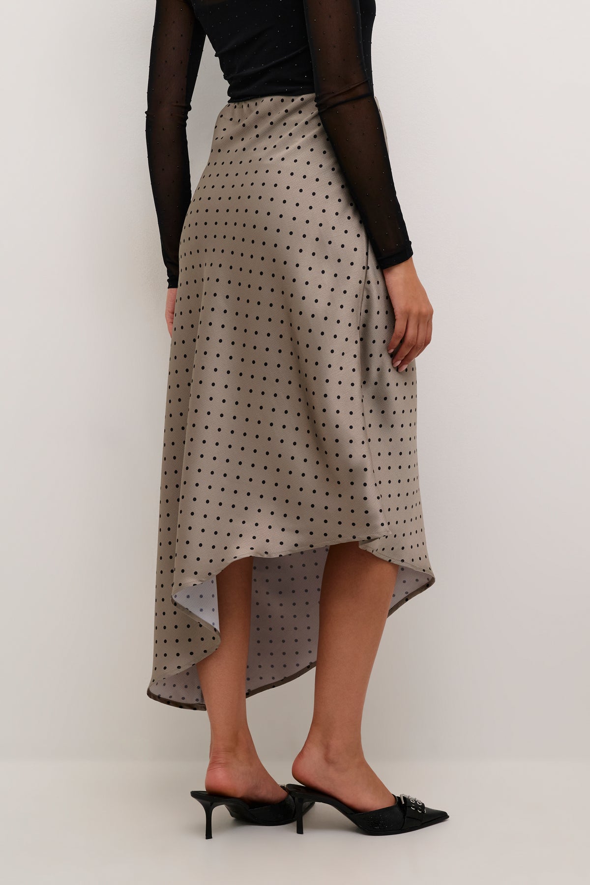 Kaffe Kadonna Steeple Grey/Black Polka Dot Asymmetric Satin Slip Skirt, 10509250