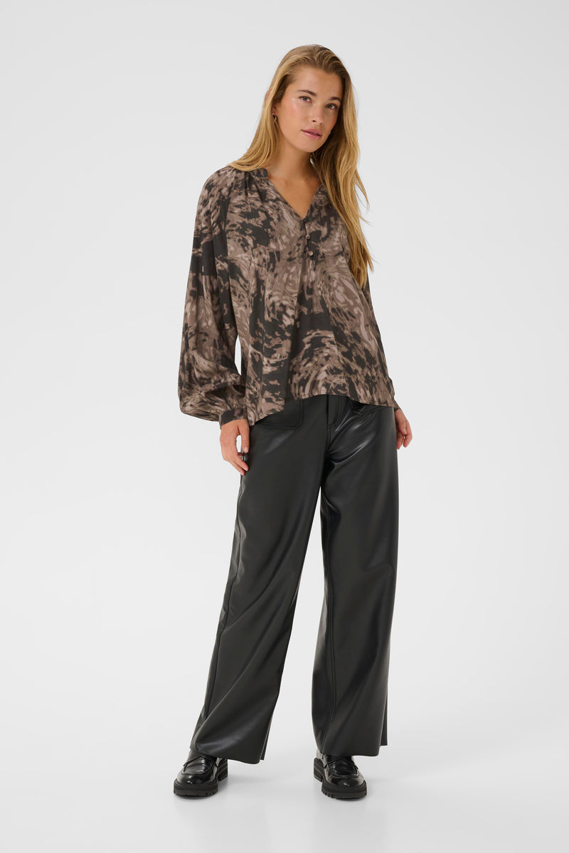 Kaffe Kajamie Chocolate Brown Abstract Print V-Neck Blouse