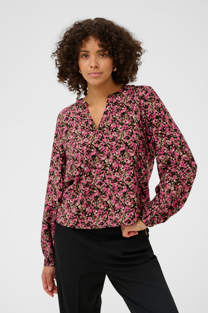 Kaffe KaBella Pink/Khaki Floral Printed V-Neck Blouse, 10511035