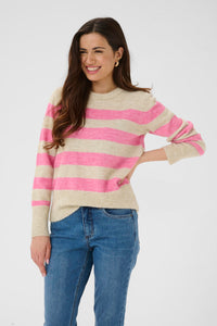 Kaffe Kaniel Beige Melange/Power Pink Striped Supersoft Knit, 10511212