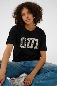 Kaffe Karosie Black 'Oui' Lace Logo T-Shirt, 10511300