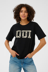Kaffe Karosie Black 'Oui' Lace Logo T-Shirt, 10511300