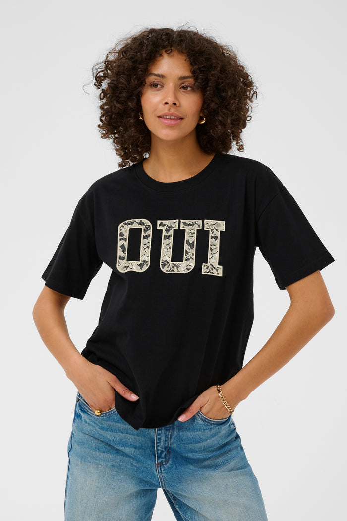 Kaffe Karosie Black 'Oui' Lace Logo T-Shirt, 10511300