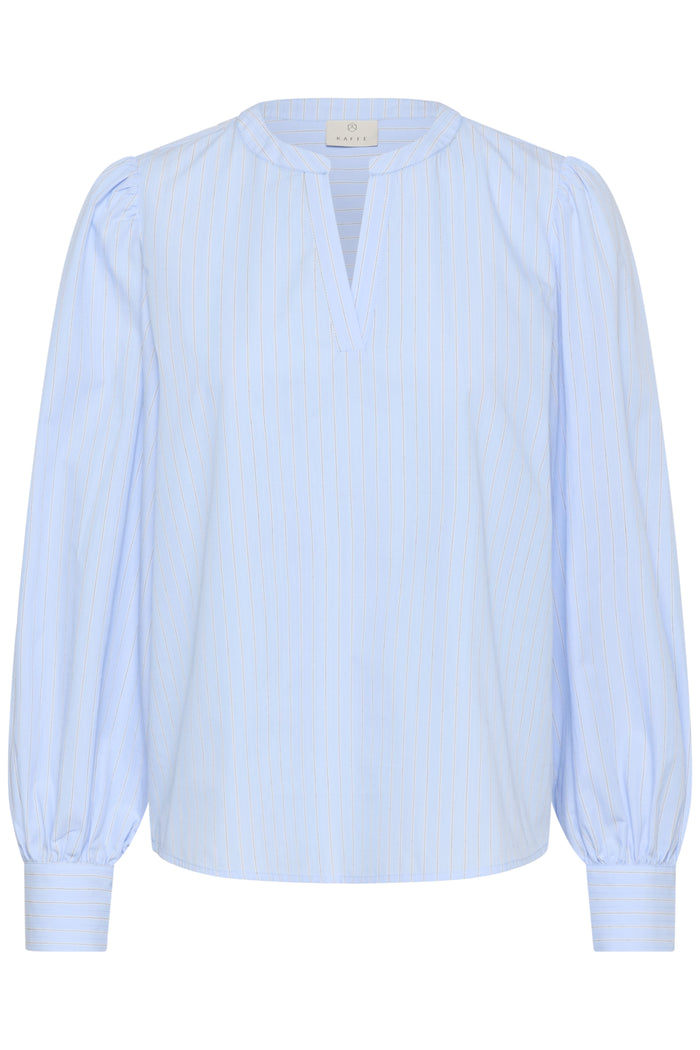 Kaffe Kajada Baby Blue Stripe V-Neck Blouse with Embroidered Back Detailing, 10511414
