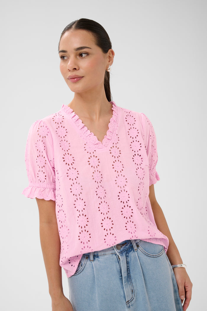 Kaffe Kadona Pink Frosting Embroidered V-Neck Blouse