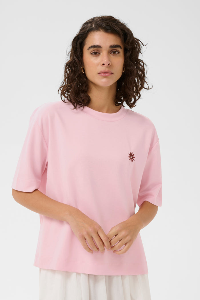 Kaffe KaAnnie Ballerina Pink Boxy Fit T-Shirt with Embroidered Flower, 10511796