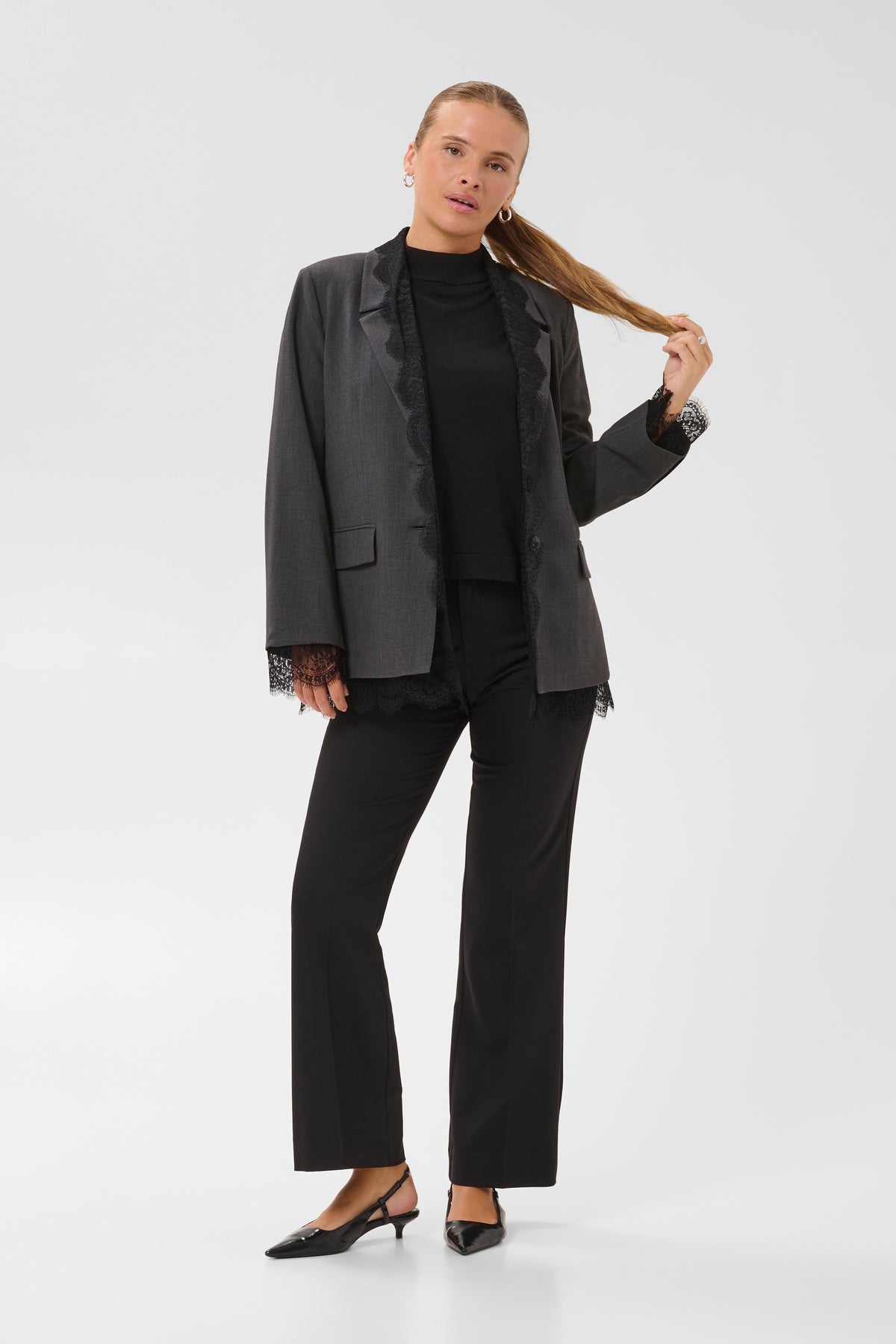 Kaffe Karielle Grey Melange Single Breasted Blazer with Lace Detailing, 10512351