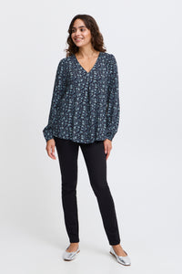 Fransa FrGlowy Bluestone Floral Printed V-Neck Blouse, 20614867