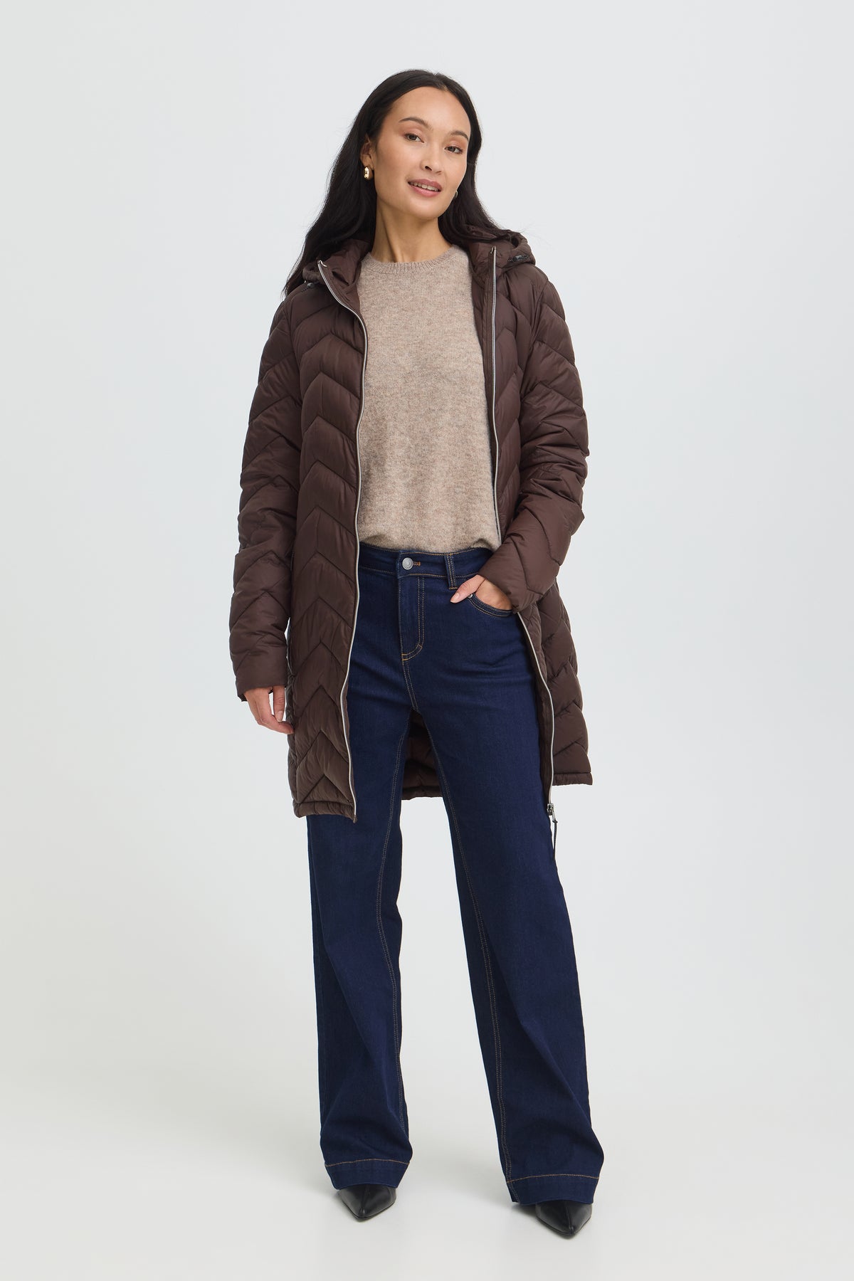 FRANSA FrBaPadding Knee Length Chocolate Hot Fudge Puffa Coat with Hood