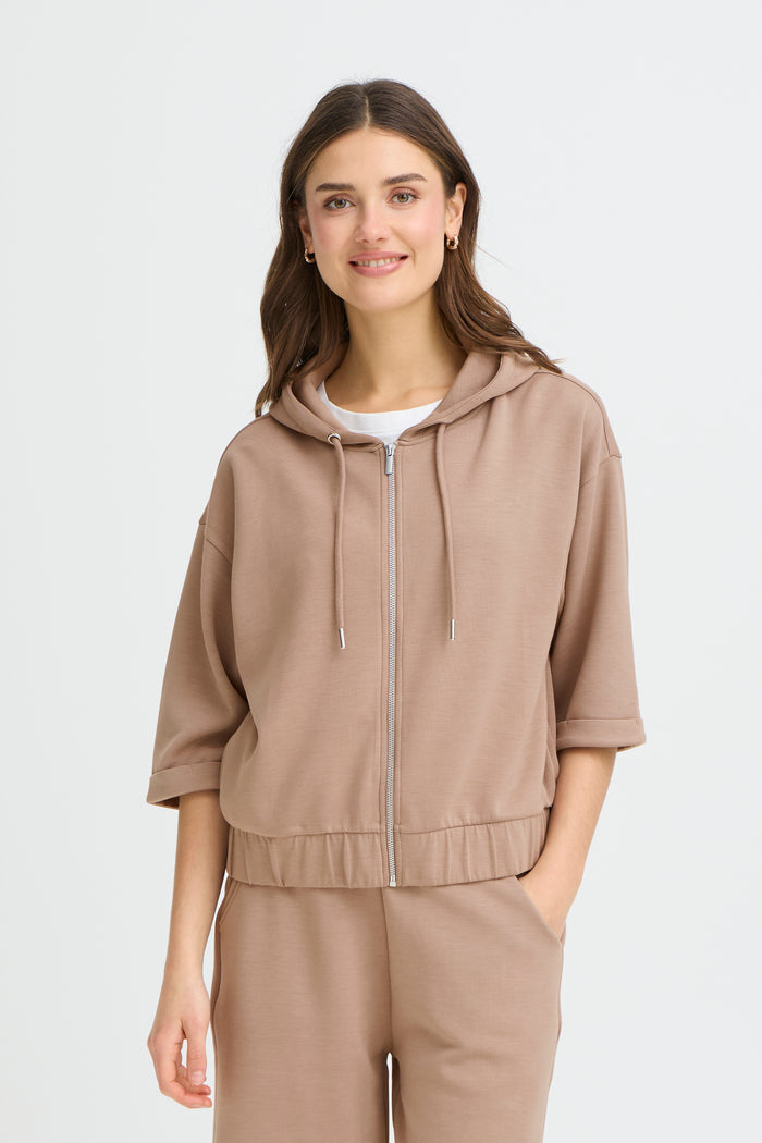 Fransa FrAurora Modal Taupe 3/4 Sleeve Zip Hoodie, 20617574