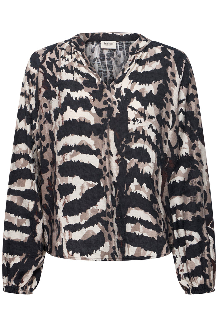 Fransa FrAriana Abstract Driftwood Taupe Printed V-Neck Blouse