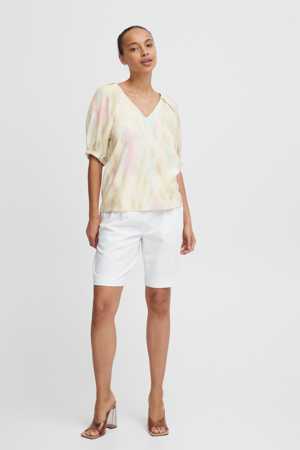 B.Young Byihamma Blue/Pink Tint Mix V-Neck Blouse, 20814546