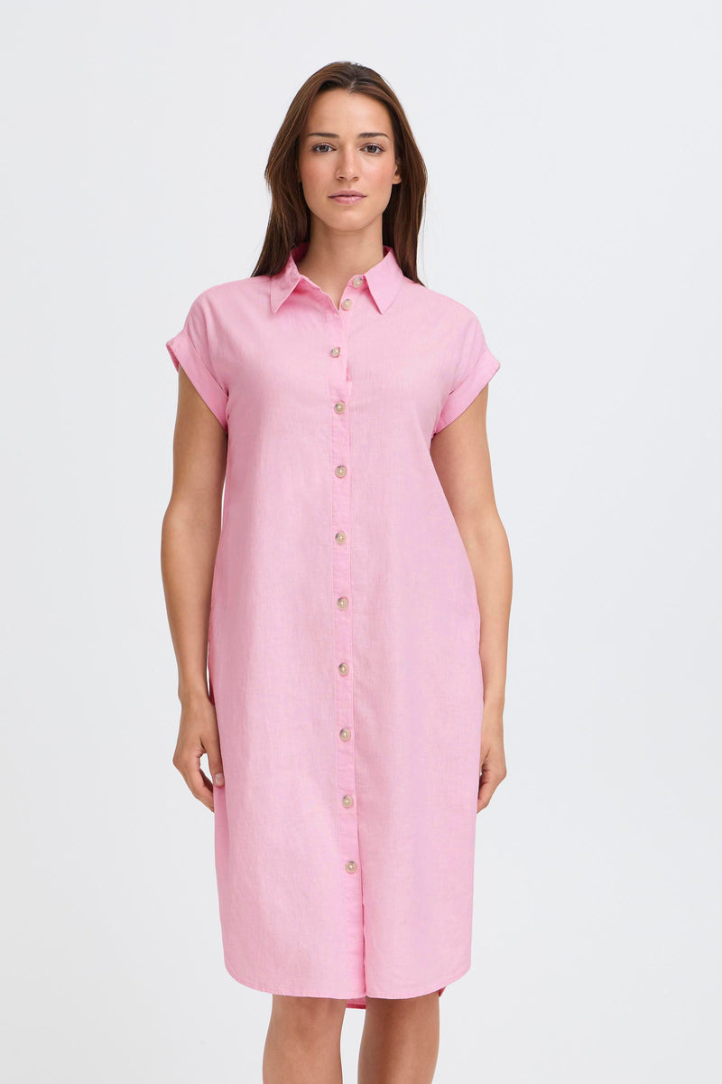 B.Young ByFalakka Parfait Pink Short Sleeve Linen Blend Midi Dress, 20814553