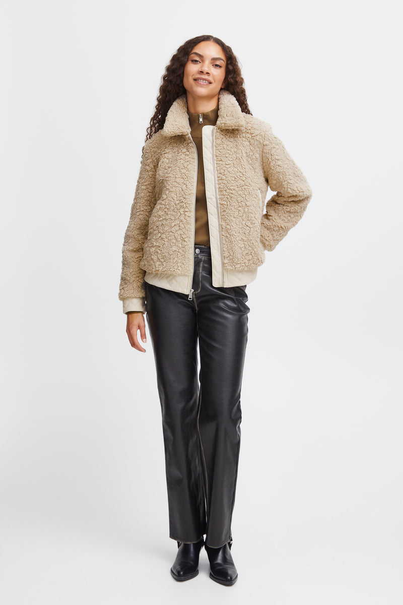 B.Young ByAnama Humus Melange Beige Teddy Jacket with Faux Leather Trim, 20815147