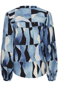 B.Young Byibine V-Neck Dusty Blue Abstract Mix Blouse, 20815234