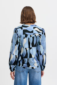 B.Young Byibine V-Neck Dusty Blue Abstract Mix Blouse, 20815234