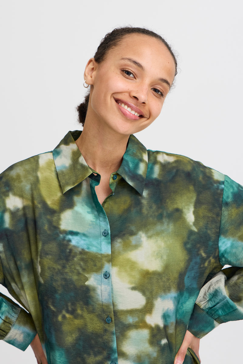 B.Young Byibine Birch Blur Mix Printed Longline Oversized Shirt, 20815569