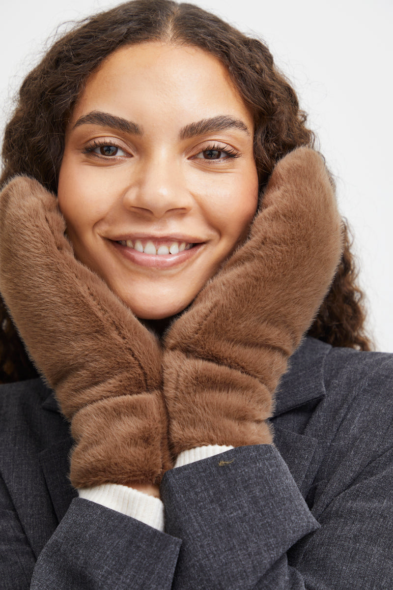 B.Young Bawolfie Sepia Brown Faux Fur Gloves