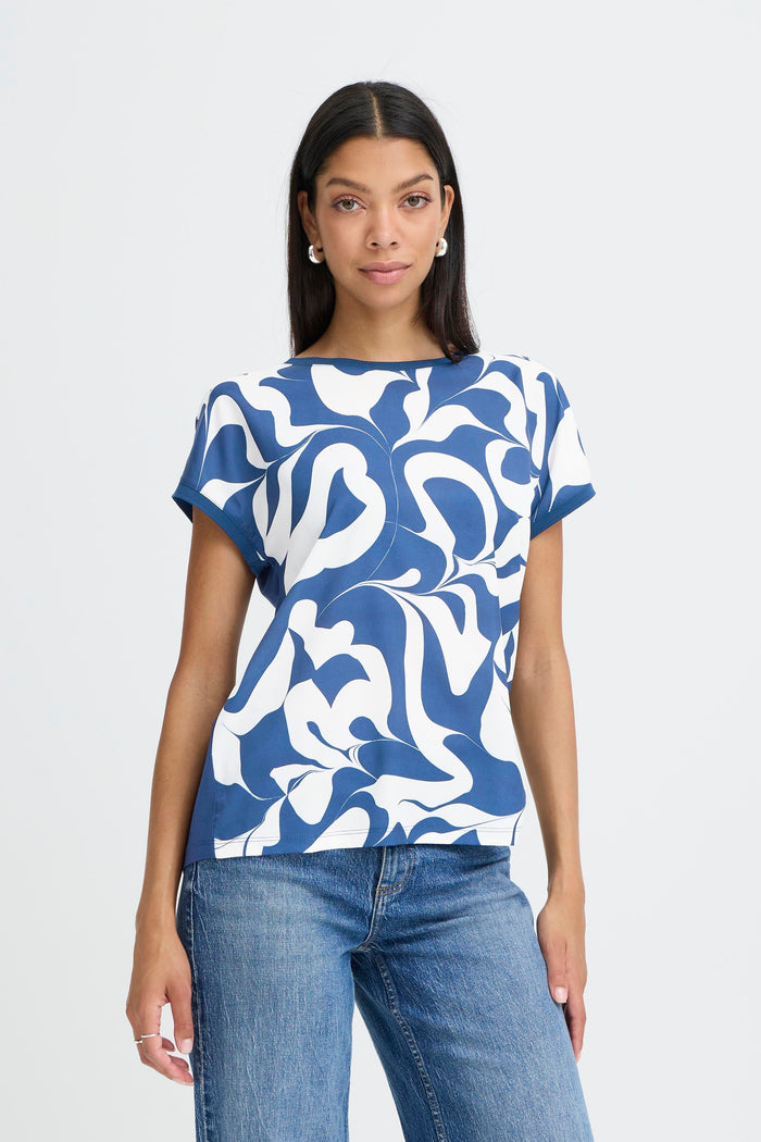 B.Young ByPanya Medieval Blue Swirl Print Silky Front T-Shirt