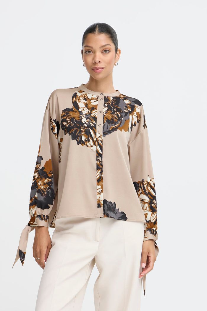 B.Young ByJannike String Beige Floral Bow Tie Cuff Blouse, 20818132