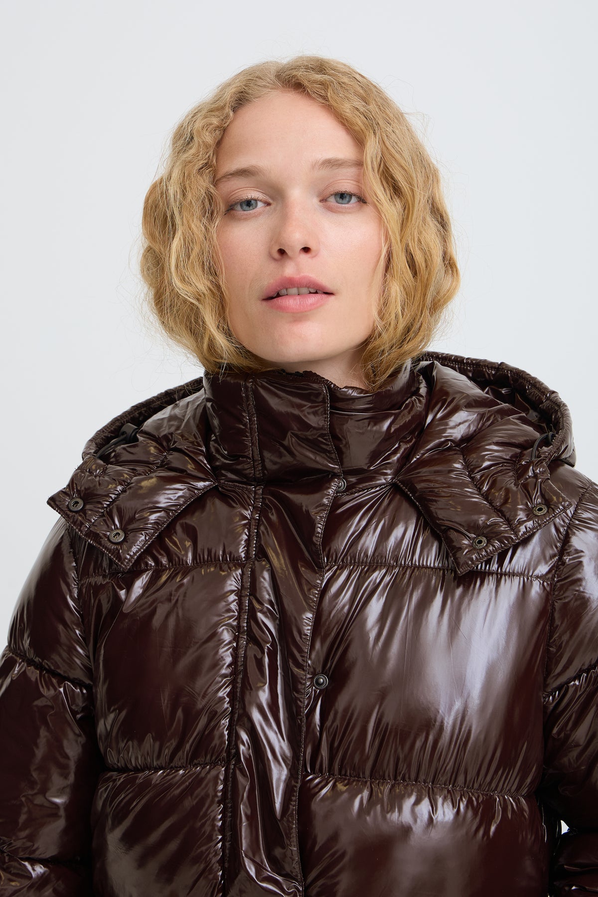 B.Young ByIbina Java Brown Patent Puffa Coat with Hood