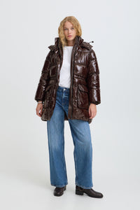 B.Young ByIbina Java Brown Patent Puffa Coat with Hood