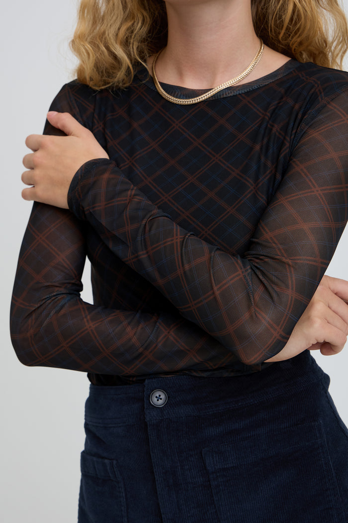 B.Young ByToa Dark Sapphire Check Long Sleeve Mesh Top, 20819912