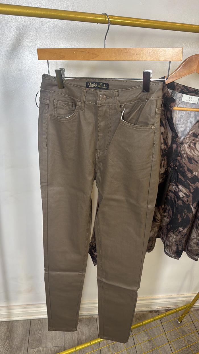 Toxik Chocolate Brown Taupe Highwaisted Bum Lift Matte Coated Jeans