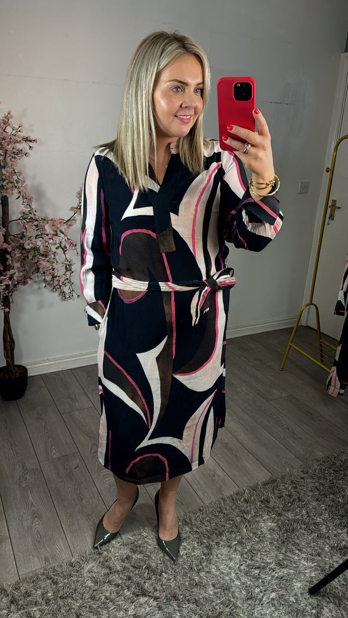 Fransa Frlena Navy Blazer/Pink Abstract Printed Midi Dress, 20613286