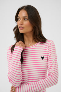 Kaffe Liddy Chalk/Power Pink Stripe Top with Black Heart
