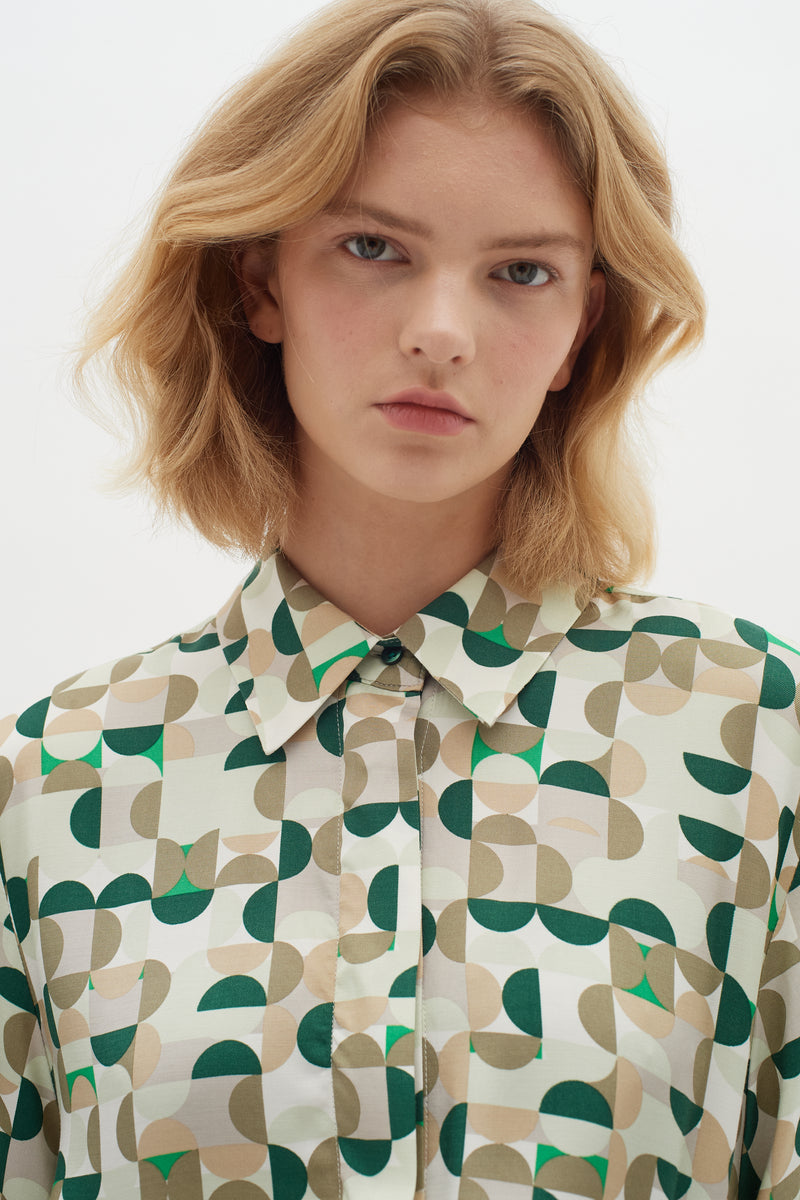 InWear Beril Green Geometric Printed Oversized Longline Shirt