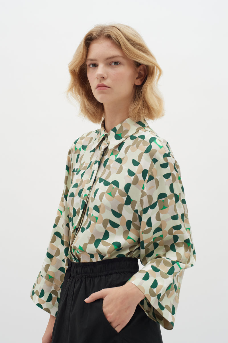 InWear Beril Green Geometric Printed Oversized Longline Shirt