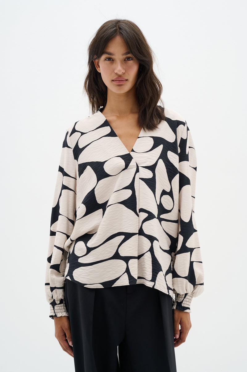 InWear Metta Stone/Black Abstract V-Neck Blouse, 30109668