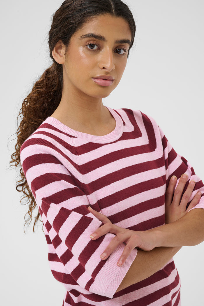 InWear MadieIW Baby Pink/Burgundy Stripe Knitted T-Shirt Pullover, 30112398