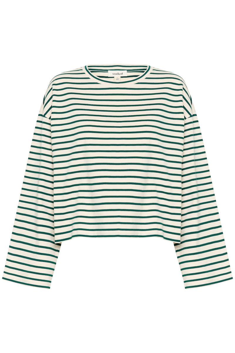 Soaked in Luxury Neo Rain Forest Green Striped Boxy Fit Long Sleeve Top, 30407327