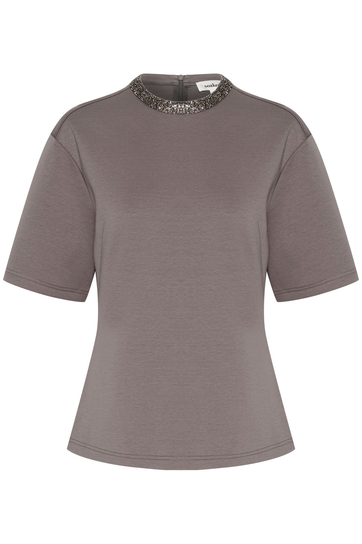 Soaked in Luxury SLMagana Gull Grey Embellished Neck Fitted T-Shirt