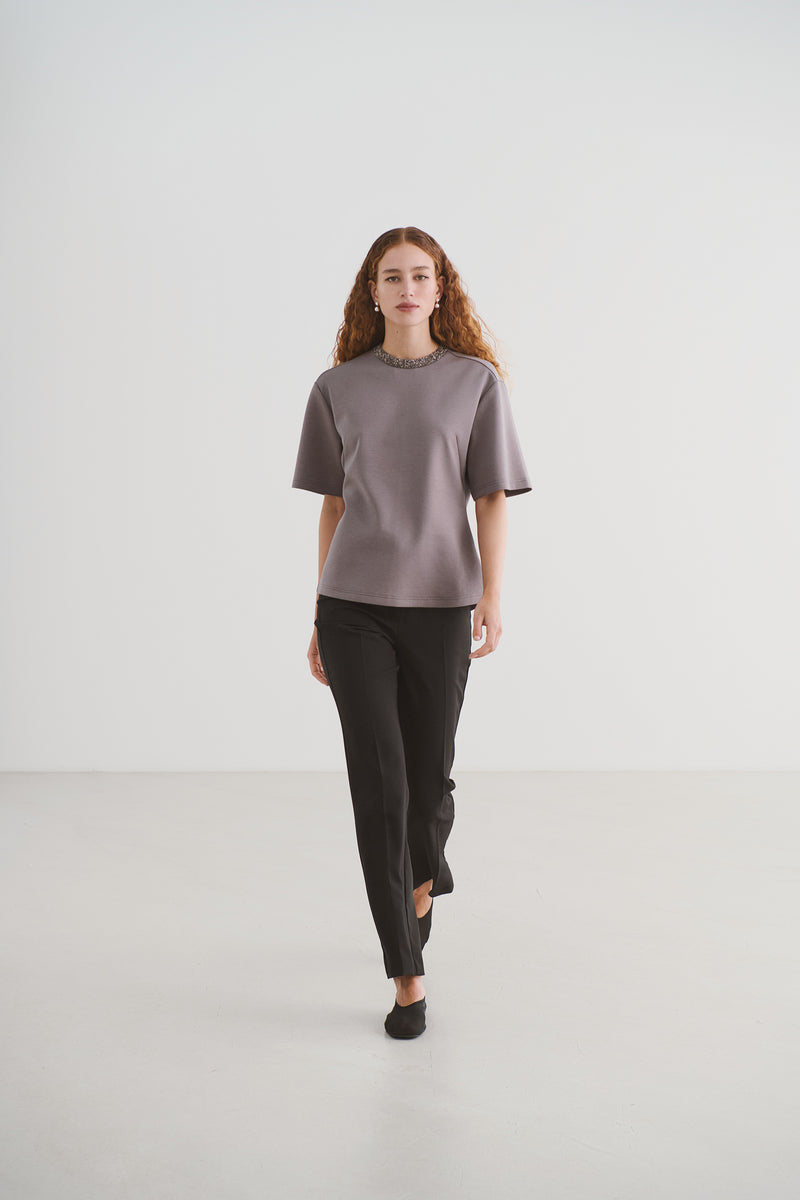 Soaked in Luxury SLMagana Gull Grey Embellished Neck Fitted T-Shirt