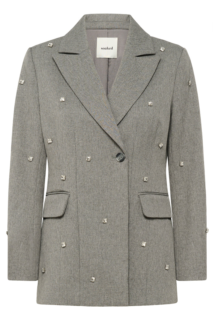 Soaked in Luxury SlLilu Grey Melange Embellished Longline Blazer