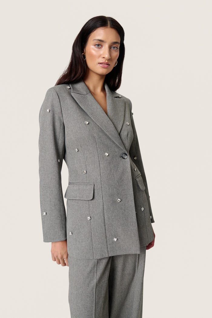 Soaked in Luxury SlLilu Grey Melange Embellished Longline Blazer, 30408594