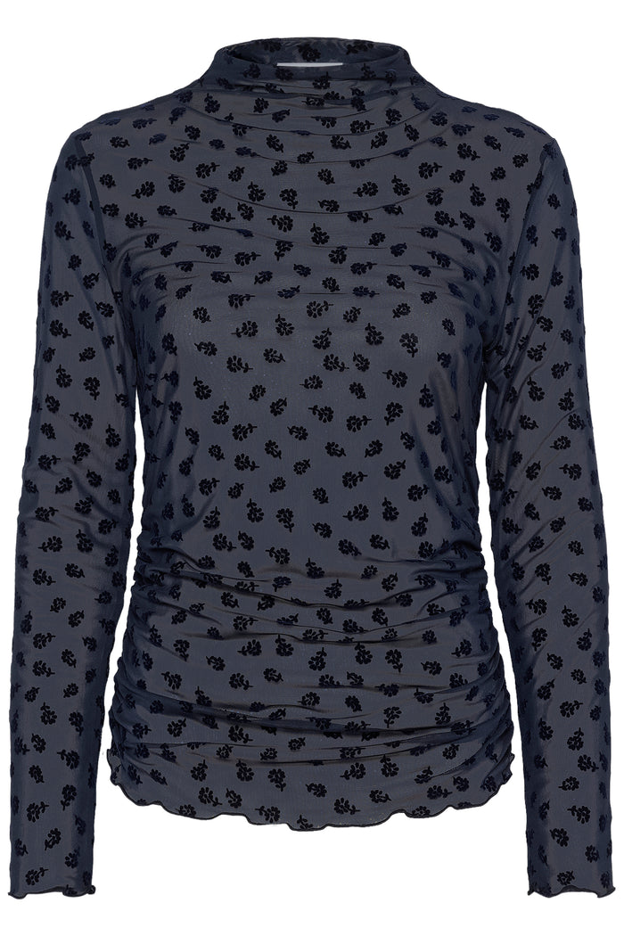 Soaked in Luxury SLSeren Salute Navy Mesh Embroidered Floral Long Sleeve Top, 30408884