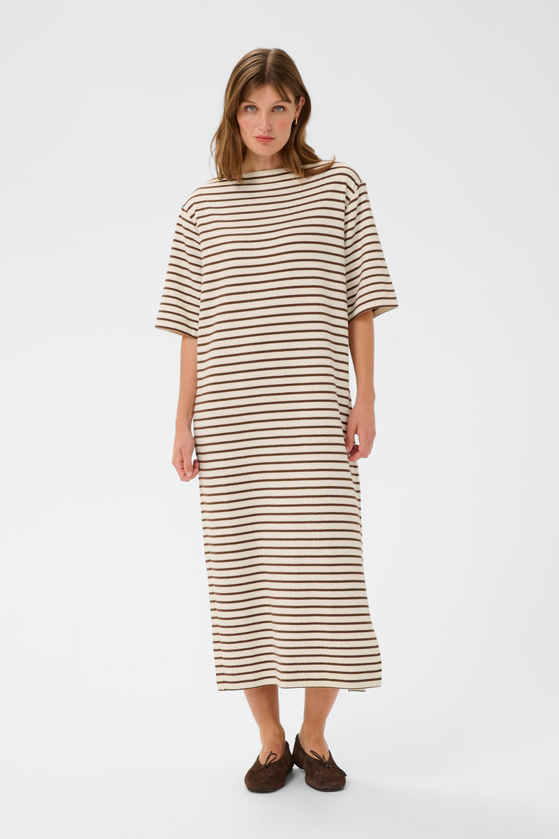 Soaked in Luxury Ingina White/Cappucino Striped Midi T-Shirt Dress